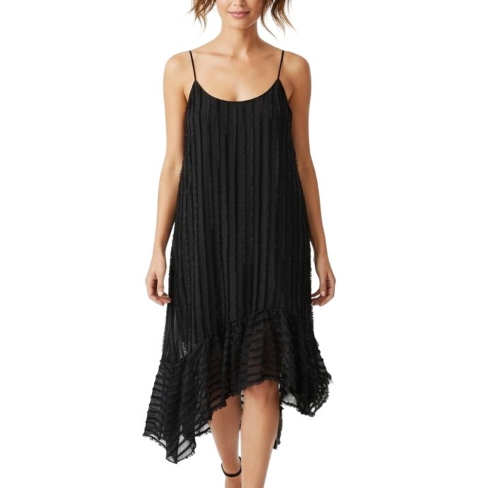 Anthropologie Eri + Ali Black Eyelash Fringe Asymmetric Ruffle Slip Dress Small